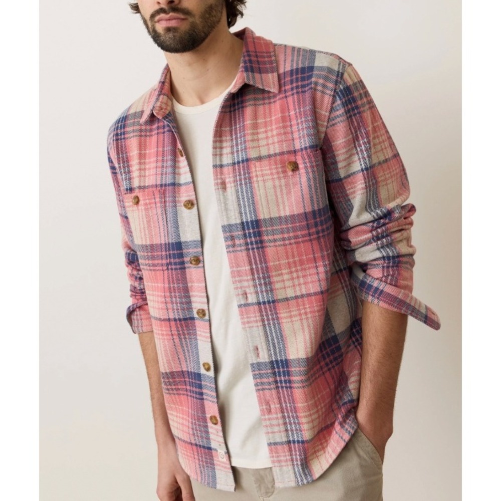 Marine Layer Pacifica Stretch Twill Overshirt Men's XL Pink Multi Plaid Fall